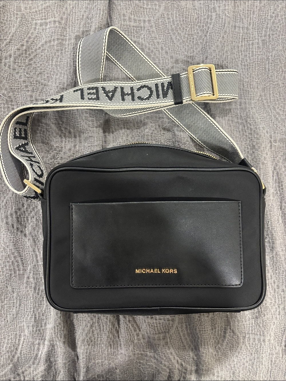 Michael Kors Black Leather Crossbody Messenger with Branded Canvas Strap